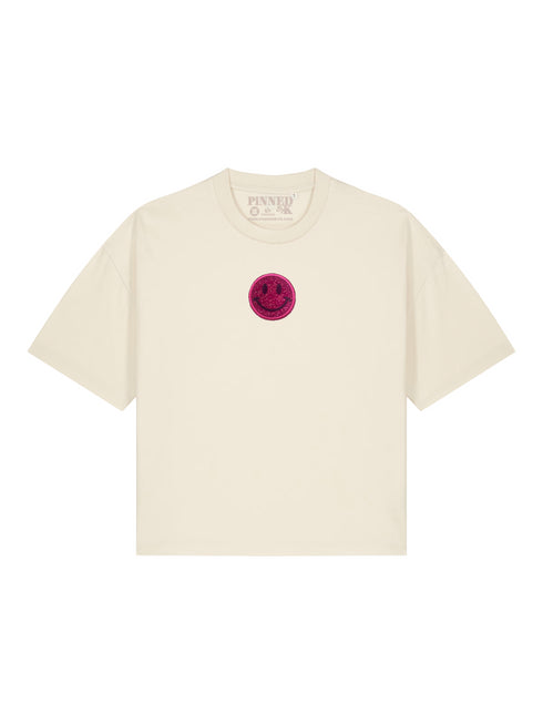 Boxy T-shirt 3D Smiley Pink Glitter - Offwhite